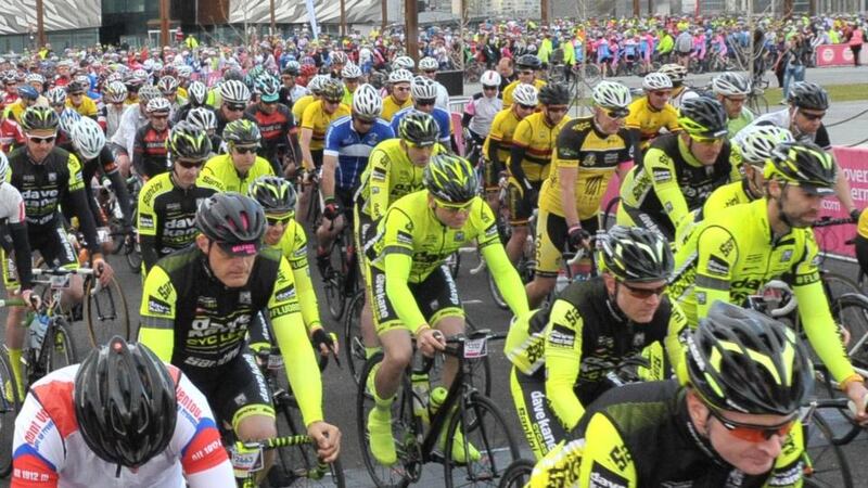 Mass start of the Giro d’Italia Gran Fondo at Titanic Quarter start on Sunday. Over 3,200 cyclists are taking part and the riders were led off by Tour de France and Giro winner Stephen Roche with Team Sky’s Richie Porte alongside him. Photopress Belfast