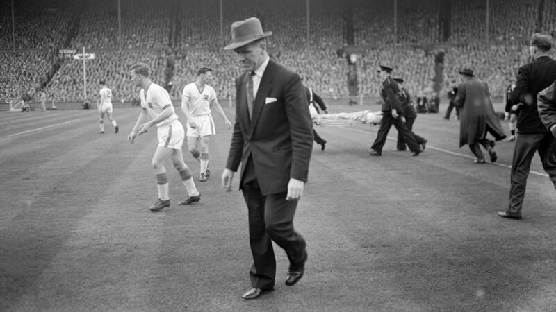 Manchester United manager Matt Busby at Wembley Stadium after Manchester United’s FA Cup Final defeat to Aston Villa on May 4th, 1957. Photograph: Charman & Ley/Mirrorpix/Getty Images