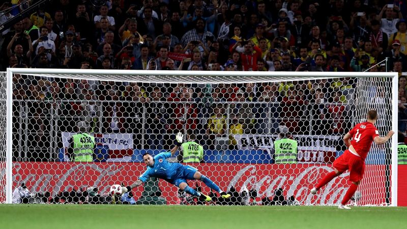 Eric Dier scores  England’s winning penalty during the World Cup Round of 16 match against Colombia  at the  Spartak Stadium in Moscow. Photograph:  Ryan Pierse/Getty Images