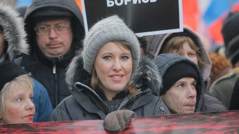 Russian presidential candidate  Kseniya Sobchak  participates in a rally in  memory of slain opposition politician Boris Nemtsov in Moscow, Russia, on Sunday.  Photograph: Maxim Shipenkov/EPA