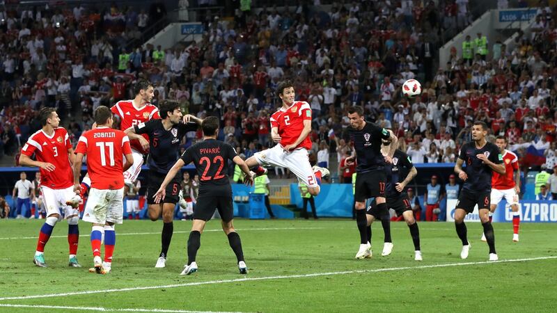 Mario Fernandes of Russia scores his team’s second goal in Sochi. Photograph: Getty Images