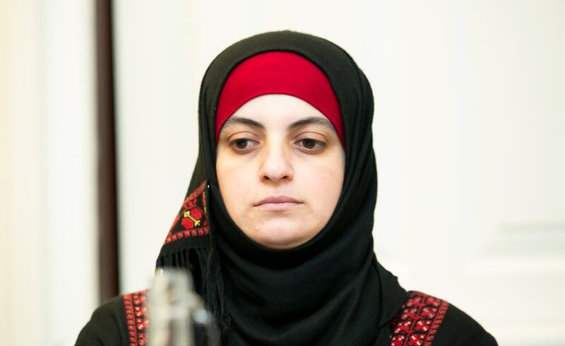 Batoul Hania, whose husband Zak is trapped in Gaza, attends a press briefing at Buswells Hotel, Dublin attended by Irish citizens and families of Irish- Palestinians trapped in Gaza where they pleaded for the Irish Government to secure safe passage for their loved ones out of Gaza. Photograph: Gareth Chaney/Collins
