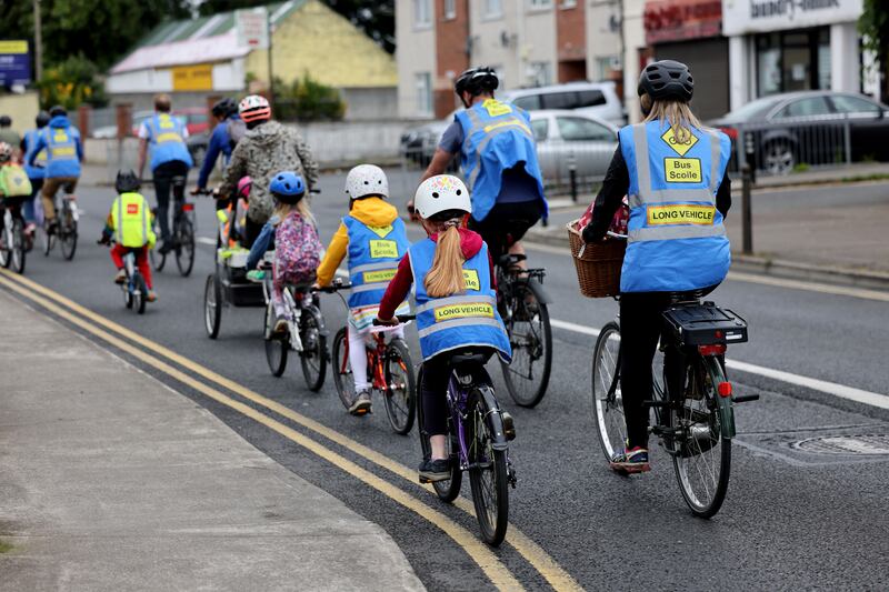 Children and parents of Riverview Educate Together, Dublin 12, holding an end-of-term cycle protest seeking the introduction of safe cycling infrastructure on some of the capital's busiest roads, in 2021. Photograph: Alan Betson 