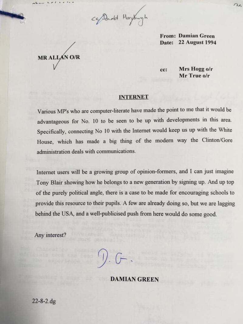 Letter released by the National Archives from Damian Green Photograph: Thomas Hornall/PA Wire