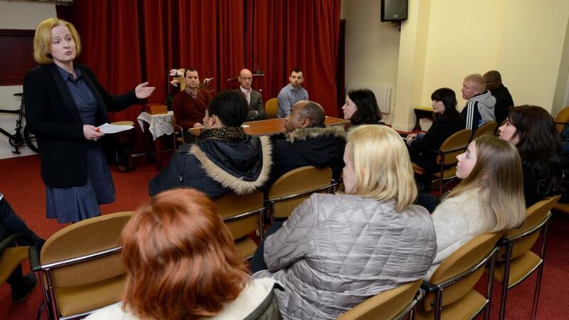 Socialist TD Ruth Coppinger addressing  residents of Cruise Park estate in Tyrellstown, who are under a threat of eviction, at a public meeting in recent days.  Photograph: Dave Meehan/The Irish Times