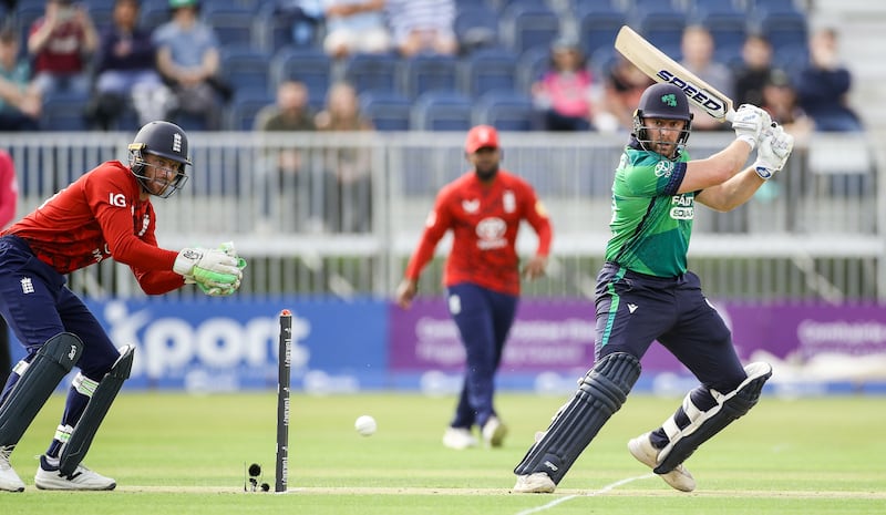Ireland’s Ross Adair plays a shot square of the wicket during the first T20 international against England in Malahide. Photograph: Nick Elliott/Inpho