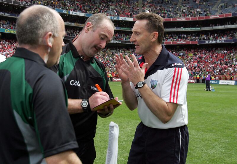 Louth manager Peter Fitzpatrick remonstrates with referee Martin Sludden after the 2010 Leinster SFC final, which Meath won courtesy of a controversial goal.
Photograph: Donall Farmer/Inpho