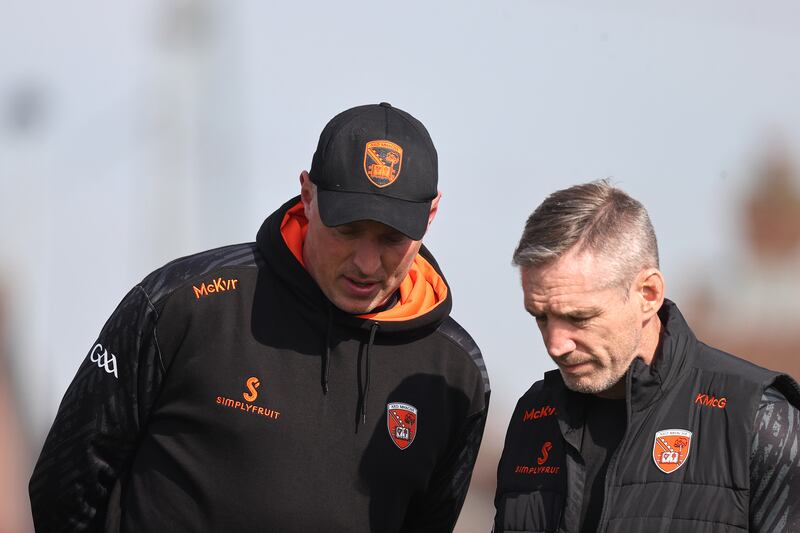 Kieran Donaghy and Kieran McGeeney during Armagh's Ulster championship game against Antrim earlier this year. Photograph: Bryan Keane/Inpho