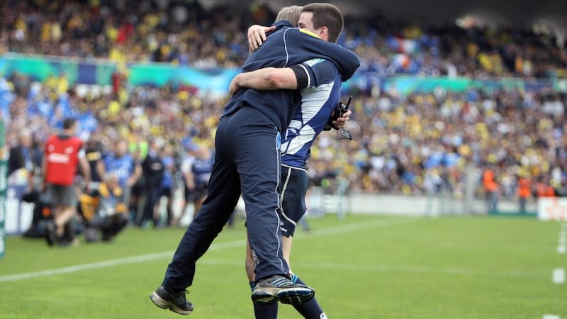 Joe Schmidt and Johnny Sexton celebrate Leinster’s win over Clermont in 2012. Photograph: Dan Sheridan/Inpho