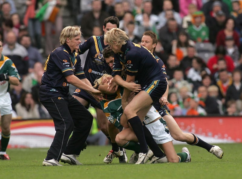 Ciarán McDonald of Ireland was attacked by Australian players before the start of the second test of the 2006 international rules series at Croke Park. Photograph: Billy Stickland/Inpho