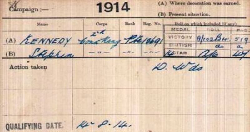 Stephen Kennedy’s medal index card from 1914