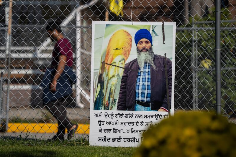 A memorial for Hardeep Singh Nijjar, a Sikh leader who was shot and killed earlier this year, is displayed at the Guru Nanak Sikh Gurdwara temple in Surrey, British Columbia, Canada, in September. Photograph: Ethan Cairns/EPA