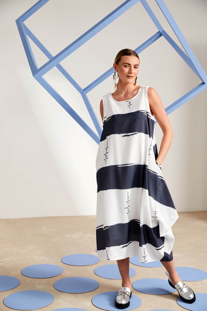 Naya diagonal stripe round neck dress with script print detail, €193 from Eclipse in Sandymount and stockists