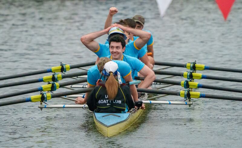 The UCD senior men’s eight team, including Olympian Daire Lynch, cross the finish line to win the Gannon Cup. Photograph: Barry Cronin