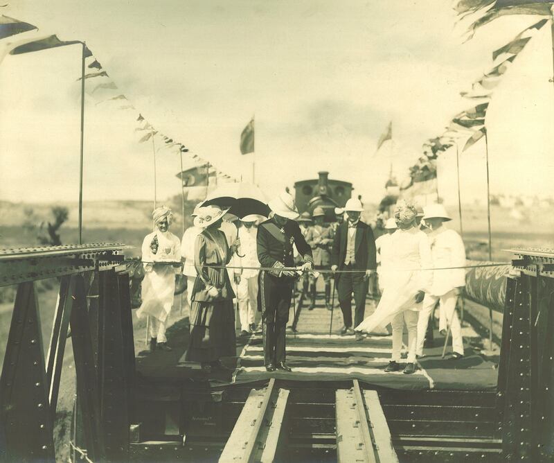 British Governor of Bombay Freeman Freeman-Thomas  cuts the ribbon on a railway bridge over the River Karjan in Rajpipla, Gujarat, India, February 1917. Photograph: Getty Images
