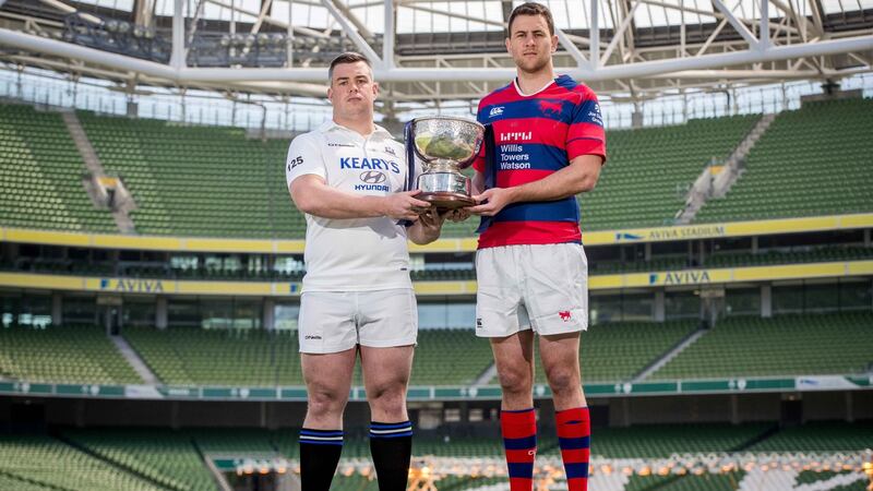 Cork Constitution’s Gavin Duffy with Clontarf’s Ben Reilly. The  clubs meet  in the Ulster Bank League Division 1A Final at the Aviva Stadium on Sunday. Photograph: Morgan Treacy/Inpho