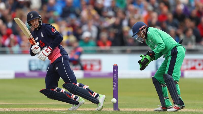 Root o plays to the legside as wicketkeeper Niall O’Brien looks on. Photo: Michael Steele/Getty Images