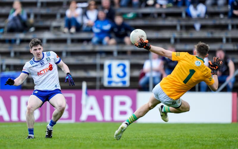 Meath goalkeeper Billy Hogan saves a shot from Monaghan's Stephen O'Hanlon. Photograph: James Lawlor/Inpho