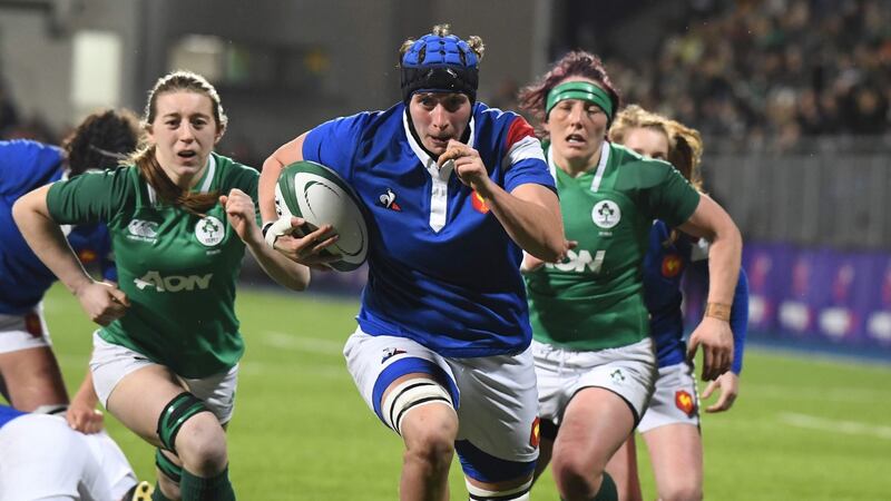 France lock Audrey Forlani  runs in a try during the Women’s Six Nations match againstb Ireland at Donnybrook. Photograph: Damien Meyer/AFP/Getty Images