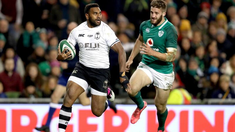 Timoci Nagusa scores a try for Fiji in Dublin in 2017. Photograph: Bryan Keane/Inpho