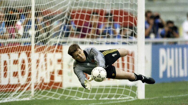 Iconic: Packie Bonner saves Timofte’s spot kick. Photo: Billy Stickland/Inpho