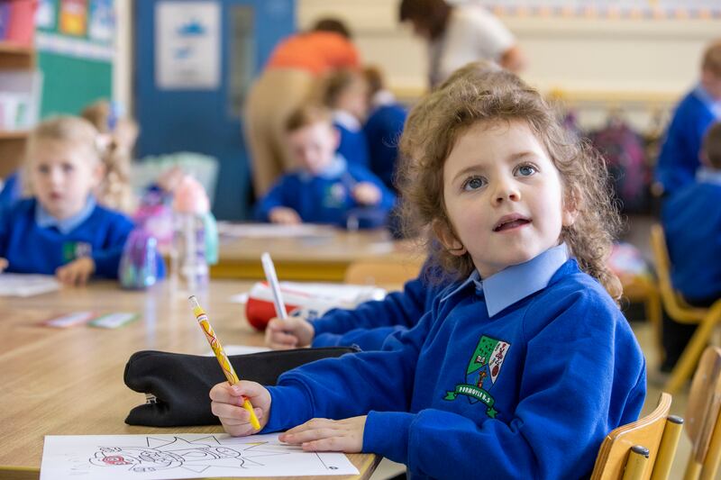Junior infants student Niamh McKenna on her first day at the school.
Photograph: Tom Honan