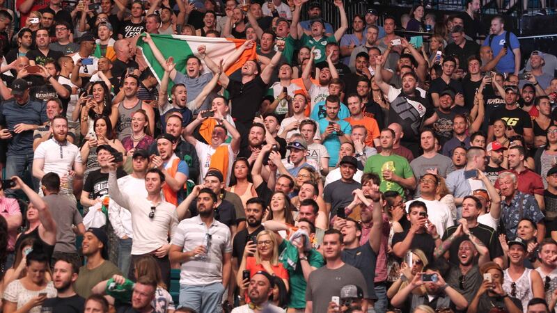 A large Irish contingent at the Conor McGregor v Nate Diaz weigh-in ahead of UFC 196 at the MGM Grand in Las Vegas, Nevada. Photograph: Raymond Spencer/Inpho