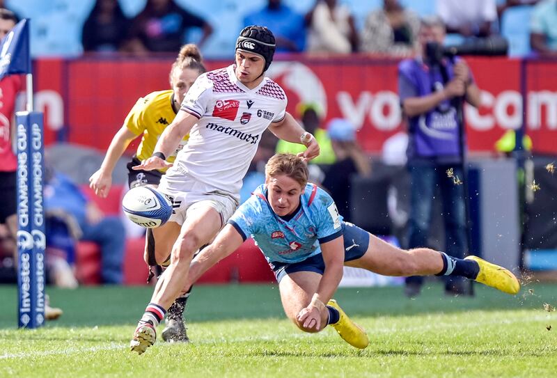 Lyon’s Thaakir Abrahams with Sebastian de Klerk of the Vodacom Bulls 
in the Champions Cup Round of 16 in Pretoria, South Africa on April 6th. Photograph: Steve Haag Sports/Inpho