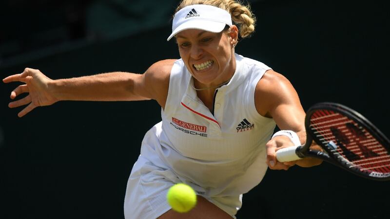 Germany’s Angelique Kerber returns against Latvia’s Jelena Ostapenko during their  singles semi-final at Wimbledon. Photograph:  Jonathan Brady/AFP/Getty Images