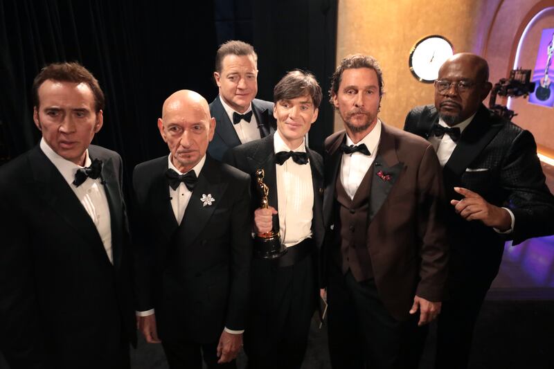 Cillian Murphy  with Nicolas Cage, Ben Kingsley, Brendan Fraser, Matthew McConaughey and Forest Whitaker backstage. Photograph: Al Seib/AMPAS/Getty Images