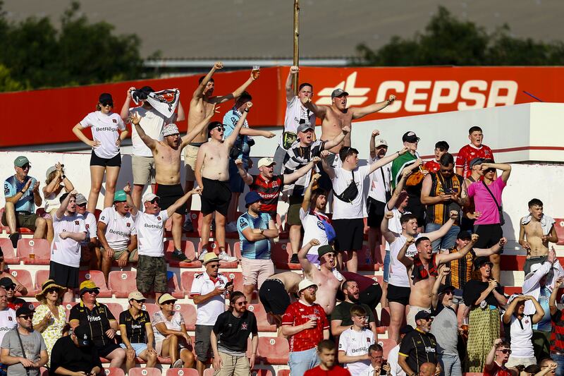 Dundalk fans cheer on their team during the game at the Victoria Stadium in Gibraltar. Photograph: Antonio Pozo/Inpho