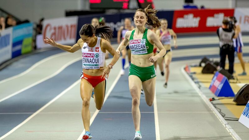 Ciara Mageean celebrates winning a bronze medal at the European Athletics Indoor Championships in Glasgow. Photograph: Morgan Treacy/Inpho