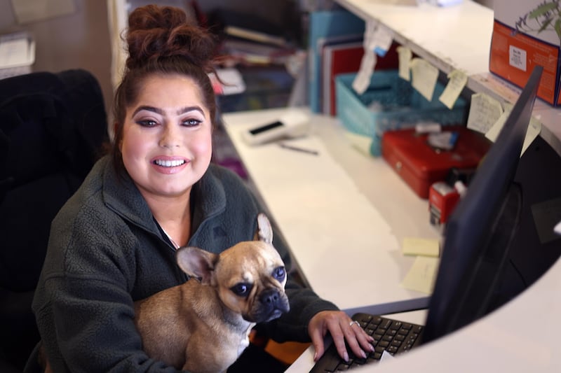 Jill McElhinney-Neilon, who works at Kelly Veterinary Hospital, Ratoth, Co Meath, with Bella, a french bull dog. Photograph: Dara Mac Dónaill