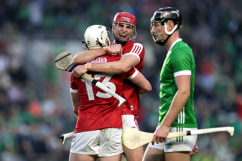 Cork's Brian Hayes celebrates at the final whistle with Patrick Horgan. Photograph: Laszlo Geczo/Inpho