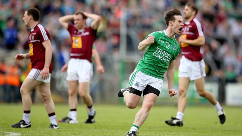 Tomás Corrigan of Fermanagh celebrates after scoring against Westmeath. Photograph: James Crombie/INPHO