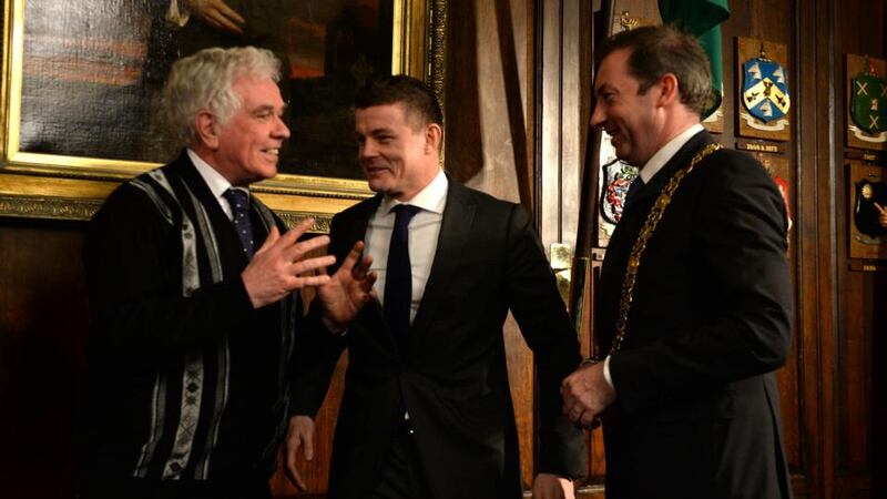 Dublin’s Lord Mayor, Oisín Quinn (right) conferred the Honorary Freedom of the City of Dublin on Fr Peter McVerry(left)  and Brian O’Driscoll, at the Mansion House, Dawson Street, Dublin last night. Photograph; Dara Mac Dónaill/The Irish Times