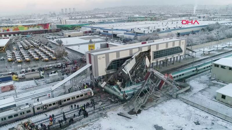 This image made from video shows the aftermath of a high-speed train crash at a station in Ankara, Turkey. Photograph: DHA/ AP