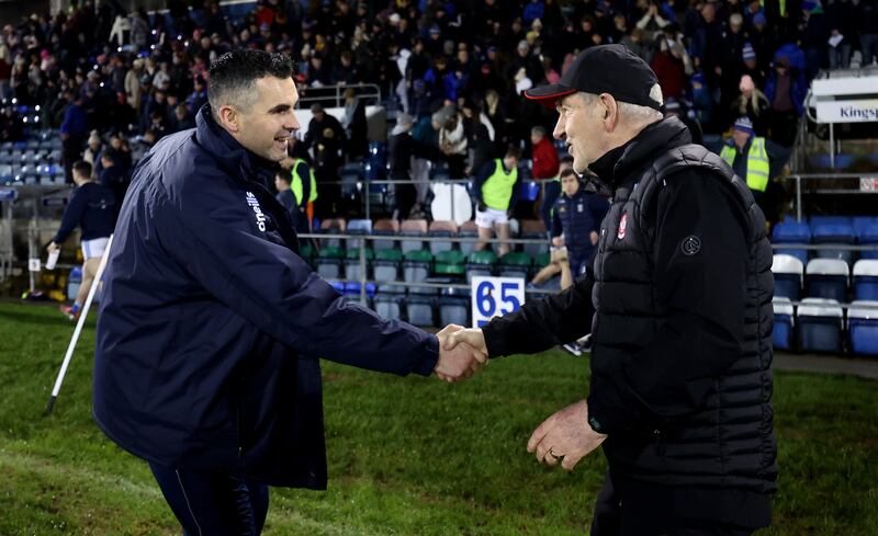 Cavan manager Raymond Galligan and Derry manager Mickey Harte after the game on Wednesday night. Photograph: James Crombie/Inpho
