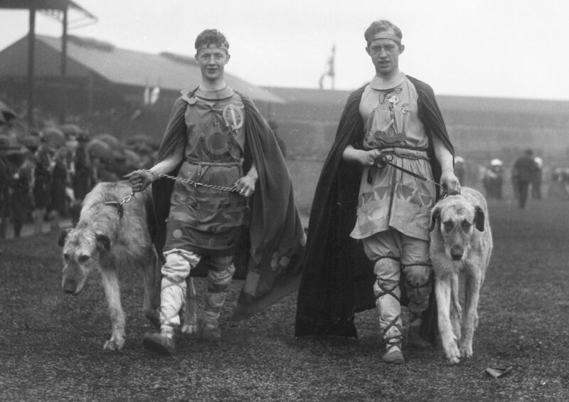 The games placed emphasis on culture as well as sport. Pictured here in Croke Park are two army officers in warrior dress with Irish wolfhounds at their sides. Photograph: Getty Images