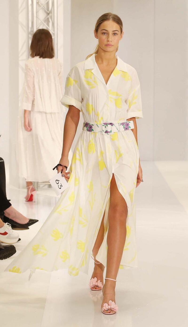 NO REPRO FEE 16/01/2018 Brown Thomas Spring Summer 2018. Pictured in Brown Thomas on Grafton Street today, Thalia shows the latest look from Rosie Assoulin on the catwalk. Photograph: Leon Farrell / Photocall IrelandNeon yellow brightens up a new take on a shirrtwaister by Rosie Assoulin