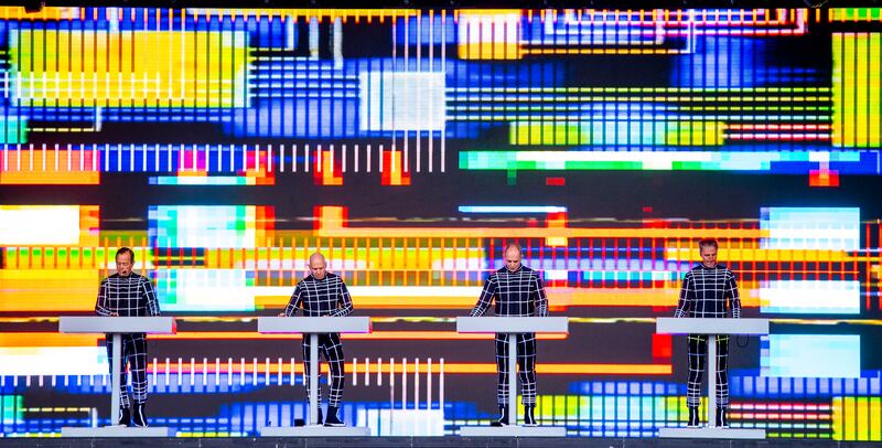 Ralf Hütter, Fritz Hilpert, Henning Schmitz and Falk Grieffenhagen of Kraftwerk perform at Trinity College Dublin. Photograph: Tom Honan