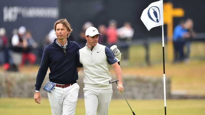 Neil Manchip hugs Rory McIlroy ahead of the 2018 British Open at Carnoustie. Photograph: Glyn Kirk/Getty/AFP