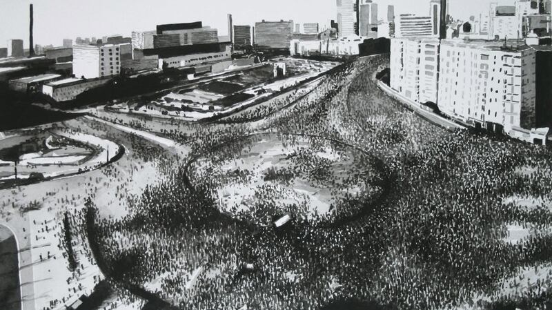 Protest Crowd, Tahrir Square, 2013, by Joy Gerrard. Image courtesy of the artist