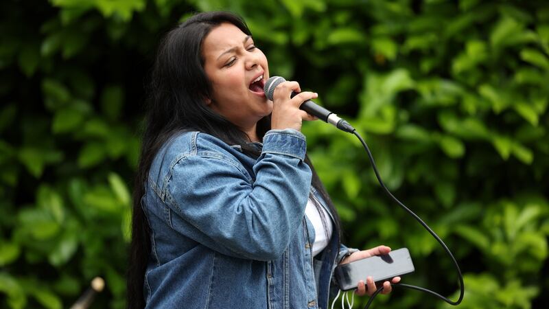 Shelly Stanka sings while taking part in Longford Youth Service in partnership with Music Generation. Shelly’s dream is to be a guard and a singer. Photograph: Dara Mac Dónaill
