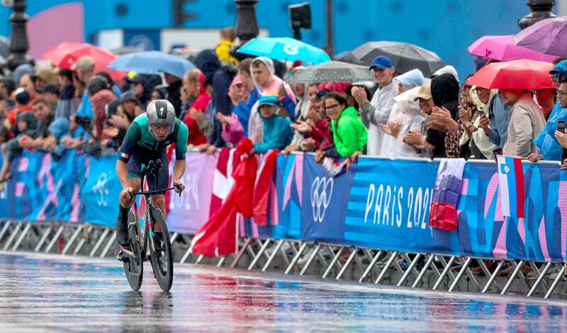Ireland’s Ryan Mullen nears the end of the men’s individual time trial. 
Photograph: James Crombie/Inpho