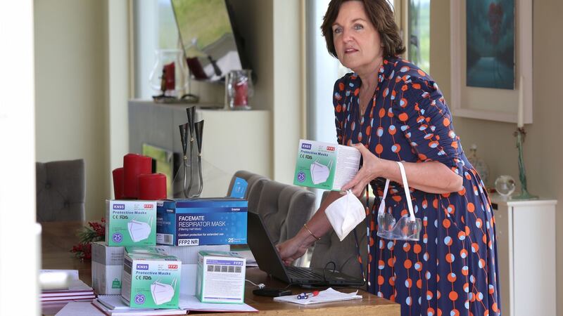 Mary Leahy, who founded Heroes Aid, displaying masks, visors and goggles at her home in Maree, Co Galway. Photograph: Joe O’Shaughnessy