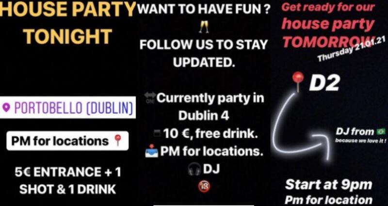 A selection of the Instagram stories advertising parties in Dublin
