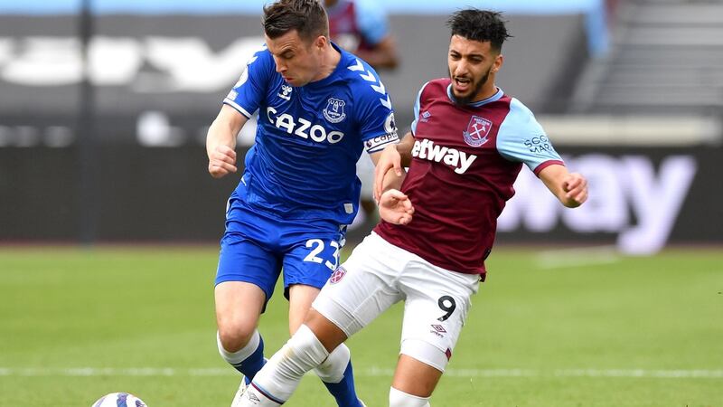 Everton’s Seamus Coleman battles with West Ham’s Said Benrahma. Photograph:  Justin Tallis/PA