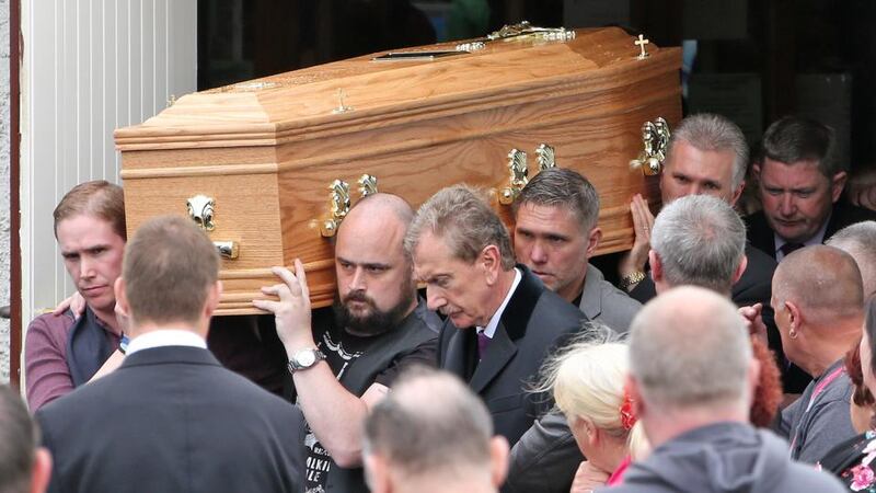 The remains of Steve Harris (34) are carried from the Divine Mercy Church, Balgaddy, Lucan after his funeral mass. Photograph: Colin Keegan/Collins.