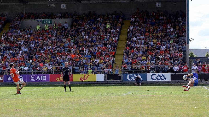 Roscommon’s Colm Lavin saves a penalty taken by Rory Grugan. Photograph: Bryan Keane/Inpho
